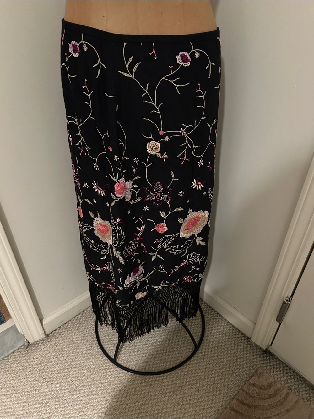 Gap Black Floral Embroidered Fringe Skirt